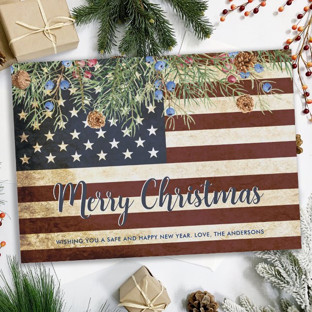Vintage American Flag Patriotic Merry Christmas Holiday Card (Creator Uploaded)