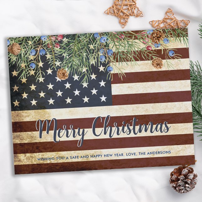 Vintage American Flag Patriotic Merry Christmas Holiday Postcard (Creator Uploaded)