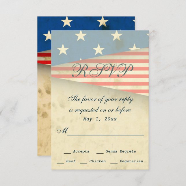 Vintage American Flag Patriotic Wedding RSVP Card (Front/Back)