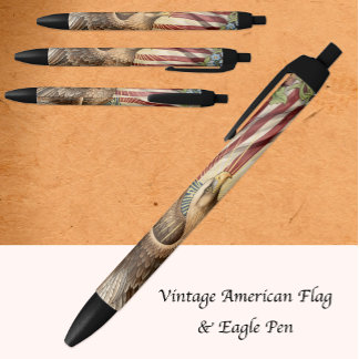 Vintage American Flag Pen, USA Patriotic Art Black Ink Pen