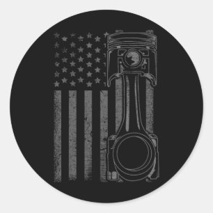 Vintage American Flag Piston Funny Muscle Car Mech Classic Round Sticker