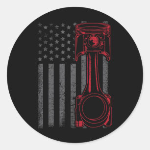 Vintage American Flag Piston Funny Muscle Car Mech Classic Round Sticker
