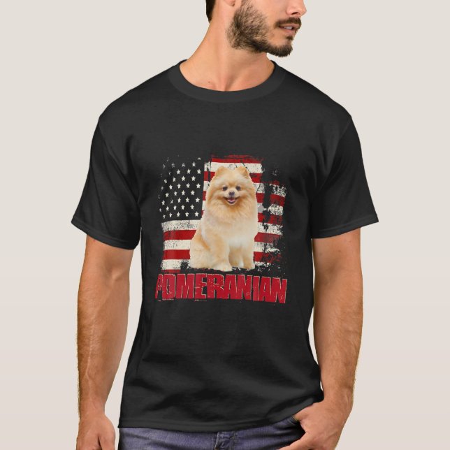Vintage American Flag Pomeranian Dog Lover T-Shirt (Front)