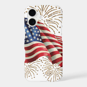 Vintage American Flag with Gold Glitter Fireworks