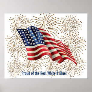 Vintage American Flag with Gold Glitter Fireworks Poster