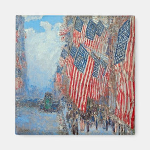 Vintage American Flags on City Street Painting Magnet