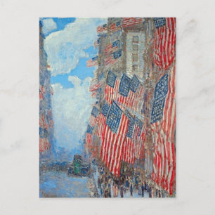 Vintage American Flags on City Street Painting Postcard