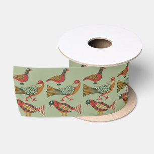 Vintage American Folk Art Birds Floral Art Satin Ribbon