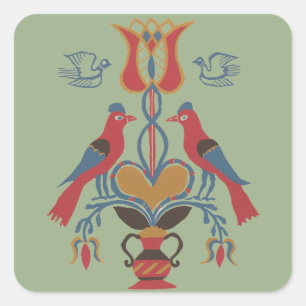 Vintage American Folk Art Birds Heart Floral Square Sticker