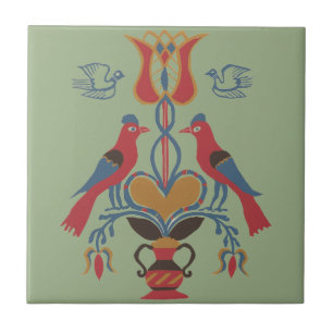 Vintage American Folk Art Birds Heart Floral Tile