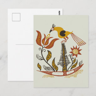 Vintage American Folk Art Tulip Bird Custom Colour Postcard
