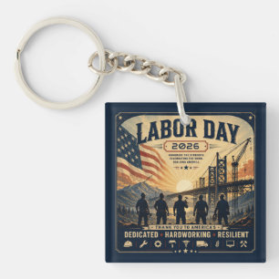 Vintage American Labour Day Worker Tribute Art Key Ring