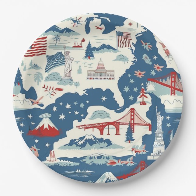 Vintage American Landmark Pattern (2) Paper Plate (Front)