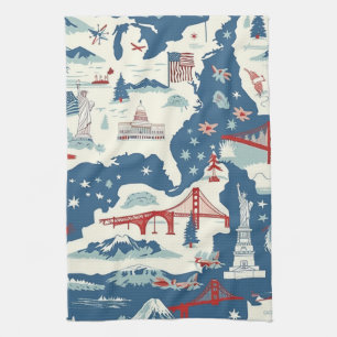 Vintage American Landmark Pattern (2) Tea Towel