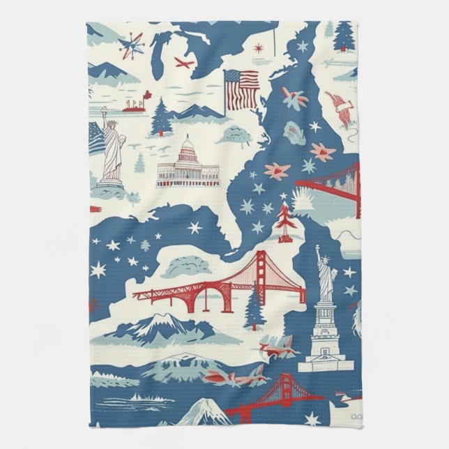 Vintage American Landmark Pattern (2) Tea Towel (Vertical)