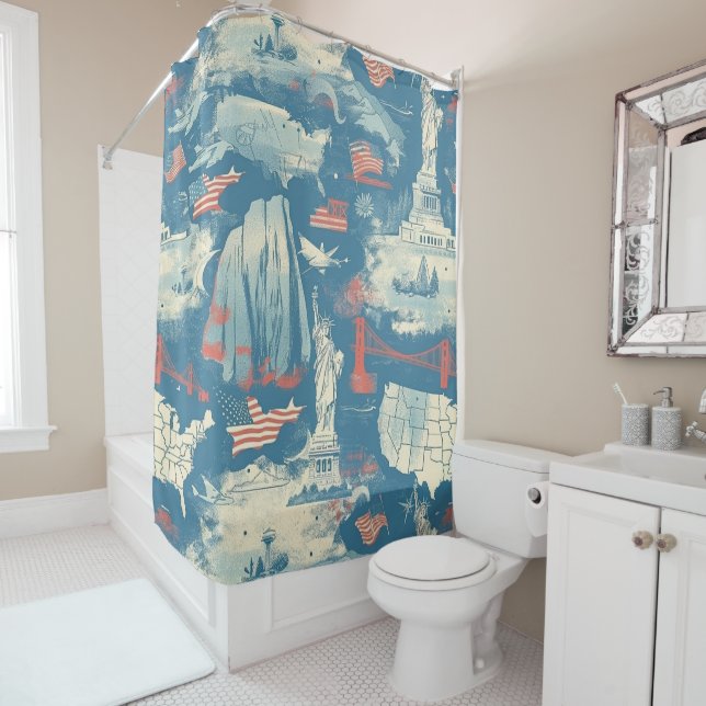 Vintage American Landmark Pattern (3) Shower Curtain (In Situ)