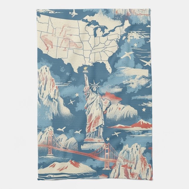 Vintage American Landmark Pattern – Liberty, USA  Tea Towel (Vertical)