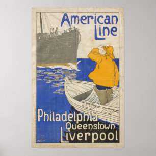 Vintage American Line Philadelphia Liverpool Ocean Poster