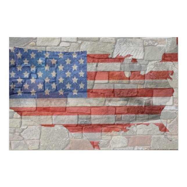 Vintage American Patriotic Map Flag On Wall Poster (Front)