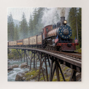 Vintage American Patriotic Train on a Trestle Jigsaw Puzzle