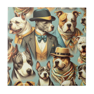 Vintage American Pit Bull Terrier Illustration Tile