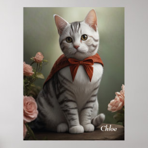 Vintage American Shorthair Kitten with Roses Poster