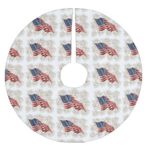 Vintage American USA Flag and July 4th Fireworks Brushed Polyester Tree Skirt