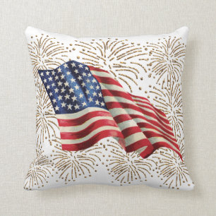 Vintage American USA Flag and July 4th Fireworks Cushion