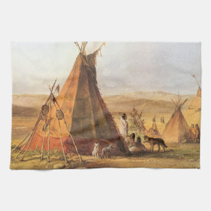 Vintage American West, Teepees on Plain by Bodmer Tea Towel