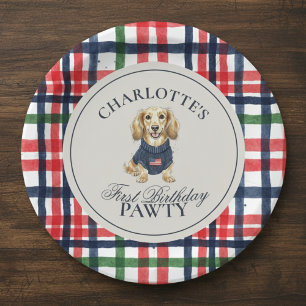 Vintage Americana Plaid Dachshund First Birthday Paper Plate
