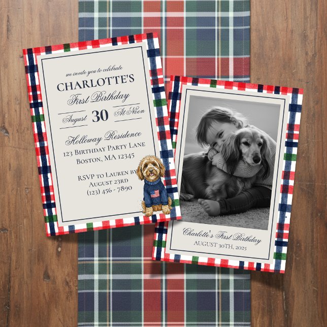 Vintage Americana Plaid Doodle Dog First Birthday Invitation (Celebrate your little one’s special day with this Vintage Americana Plaid Doodle Dog Invitation!)