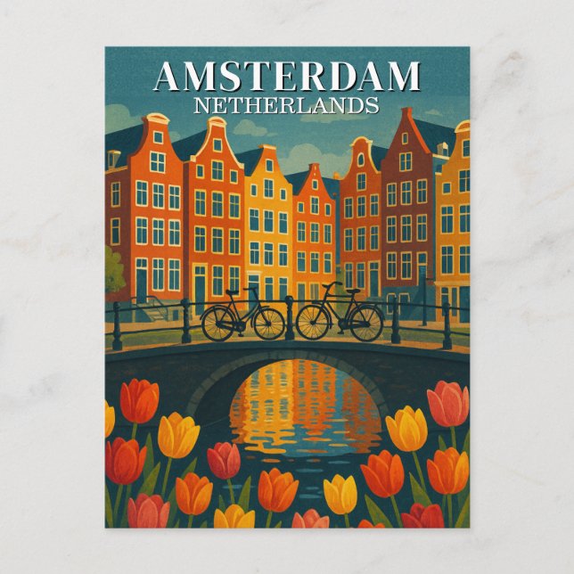 Vintage Amsterdam Bicycles on Bridge Flowers Postcard (Front)