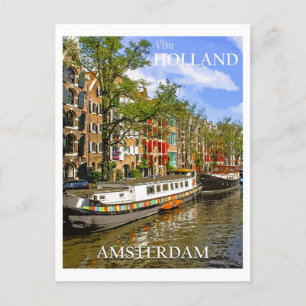 Vintage Amsterdam Netherlands Canal Boat Travel Postcard