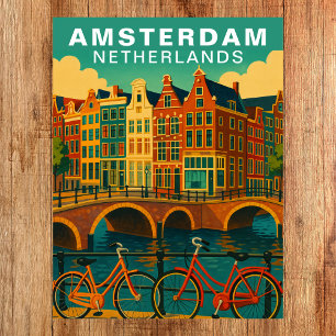 Vintage Amsterdam Netherlands Canals & Bicycle Postcard