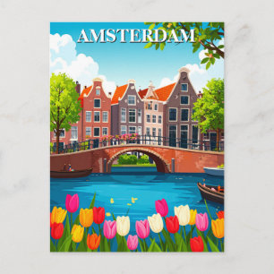 Vintage Amsterdam Travel With Tulips Postcard
