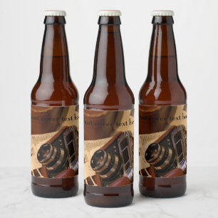 Vintage analogue camera in leather brown case beer bottle label