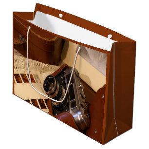 Vintage analogue camera in leather brown case large gift bag