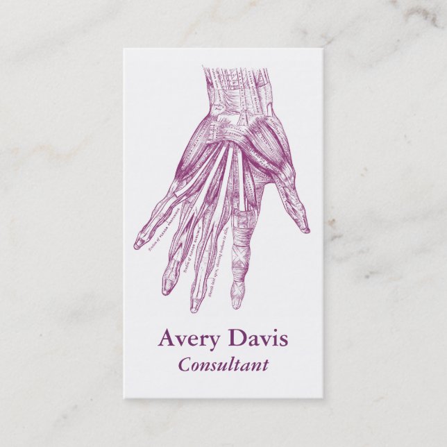 Vintage Anatomy Drawing Hand Muscles Purple Business Card (Front)