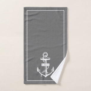 Vintage anchor and frame with name, grey nautical hand towel