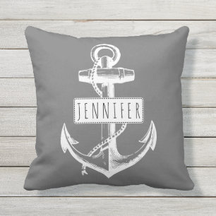 Vintage anchor and name grey nautical reversible cushion