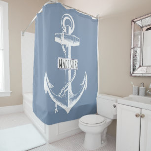 Vintage anchor and name on dusty blue nautical shower curtain