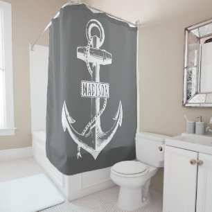 Vintage anchor and name on grey nautical shower curtain