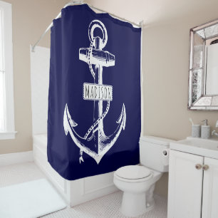 Vintage anchor and name on navy blue nautical shower curtain