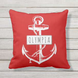 Vintage anchor and name red nautical reversible cushion