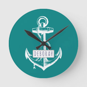 Vintage anchor and name teal nautical round clock