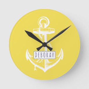 Vintage anchor and name yellow nautical round clock