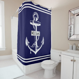 Vintage anchor and stripes navy blue nautical shower curtain