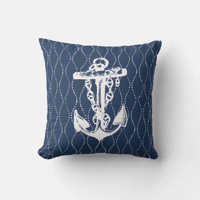 Vintage Anchor Coastal Navy Throw Pillow (Front)