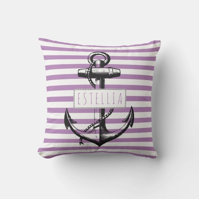 Vintage anchor lavender striped pattern nautical cushion (Front)