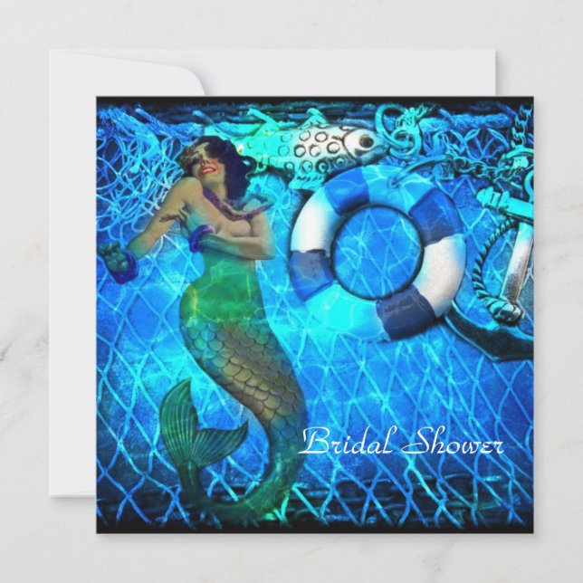 vintage  anchor mermaid beach bridal shower invitation (Front)